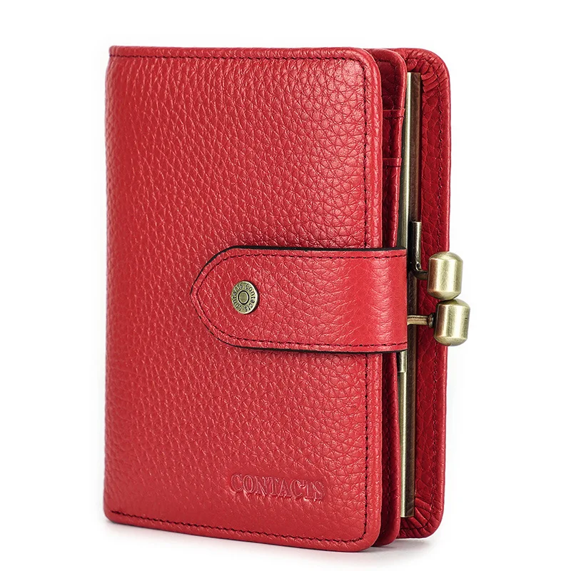 

RFID anti-theft brush head layer wrestling cowhide ladies wallet multi-function buckle genuine leather iron more coin purse
