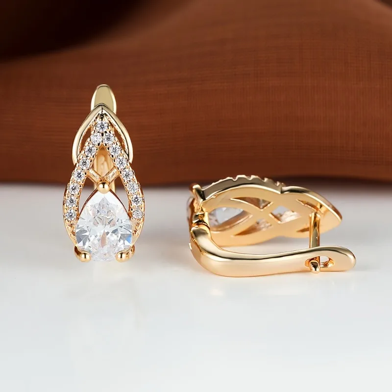 Teardrop Shape Shiny Zirconia Decor Golden Hoop Earrings Elegant Luxury Style Copper Jewelry Versatile Ear Ornaments