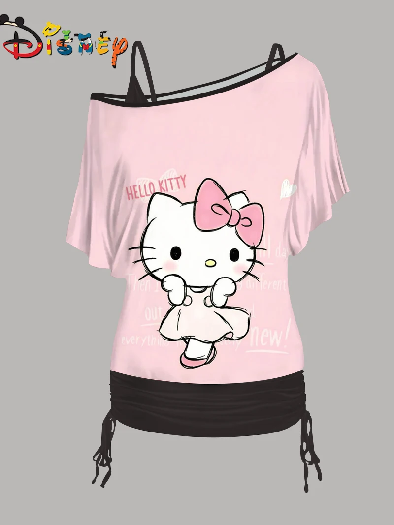 Disney-Hello Kitty elegante camiseta e mini saia para mulheres, tops elegantes, manga de um ombro, vestidos de verão, 2021