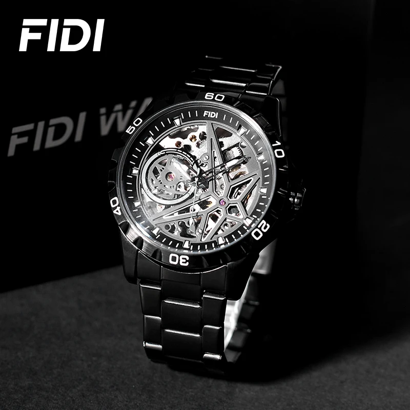 FIDI Luxury Watch Men Fashion Hollow Dial Mechanical Mens Watch Automatic Watches Silicone Men Waterproof Male Wristwatch FD103