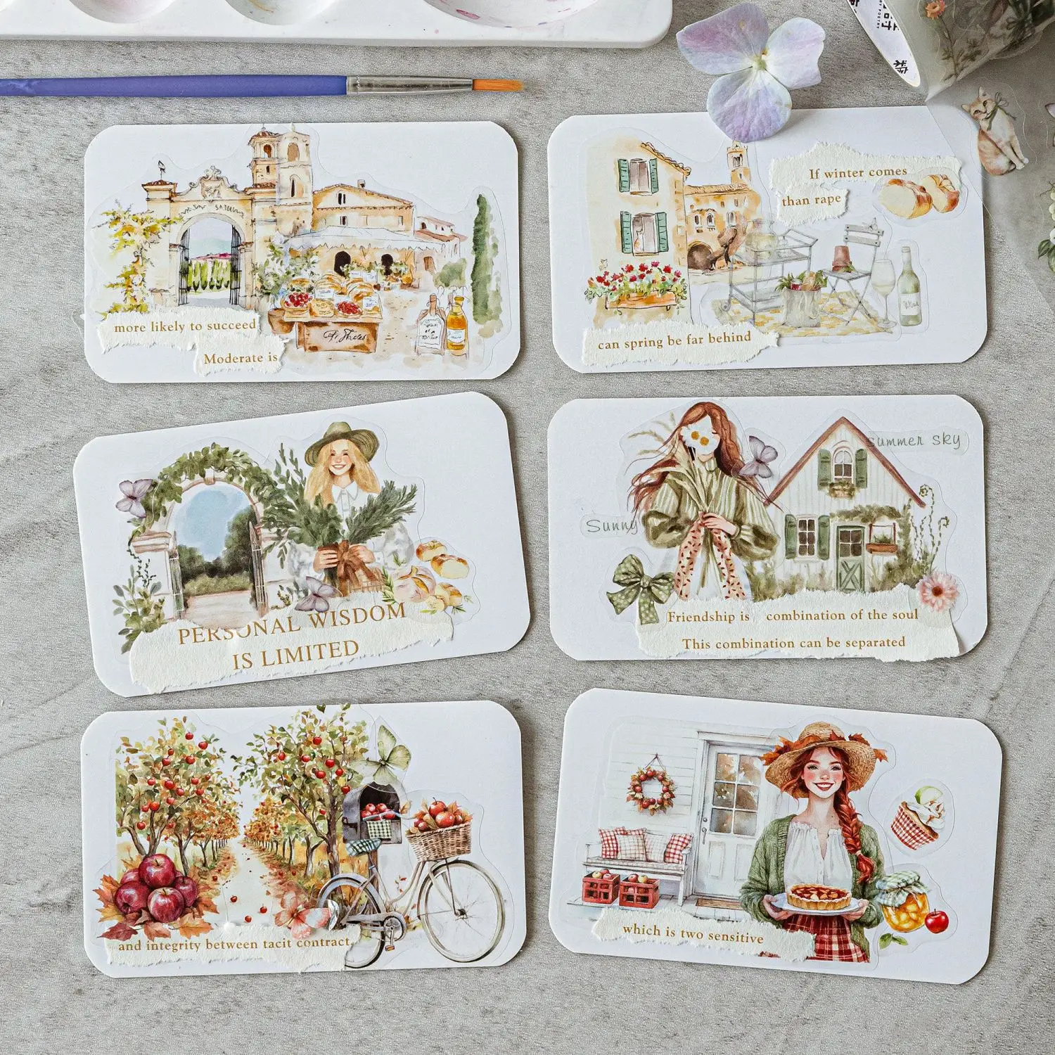 1 Roll Light Color Time Series Matte PET Washi Tape, Pastoral Style Journal Decorative Stickers with Repeat Pattern