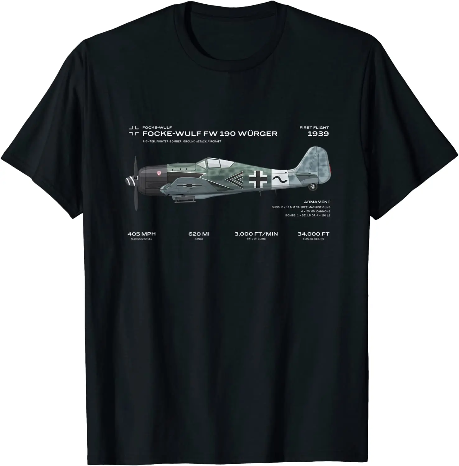 Luftwaffe War Bird WWII German Focke Wulf Fw 190 Fighter Aircraft Camiseta de manga corta informal 100% algodón con cuello redondo para hombre