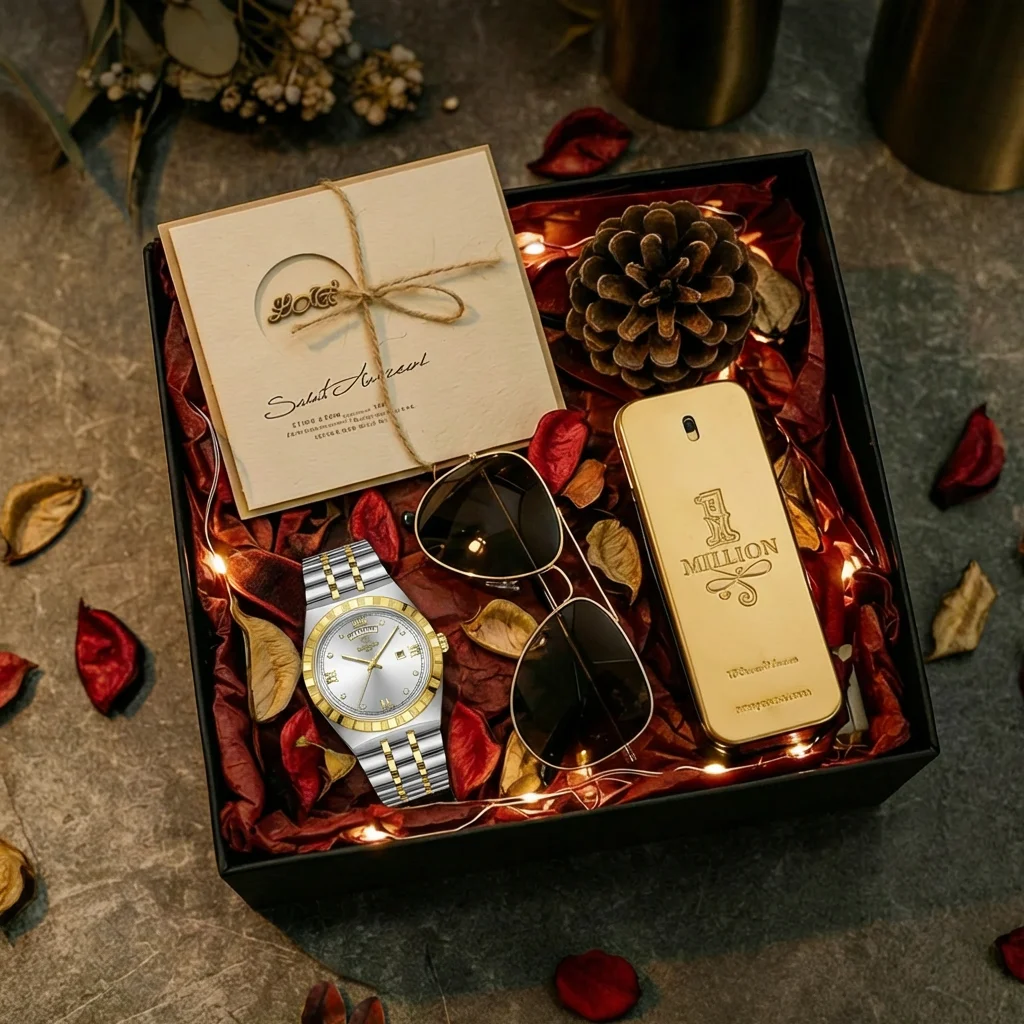4pcs Men's Silver Gold Metal Strap Classic Diamond Accents Roman Numerals Date Day Sunglasses Perfume Quartz Watch Gift Box Set
