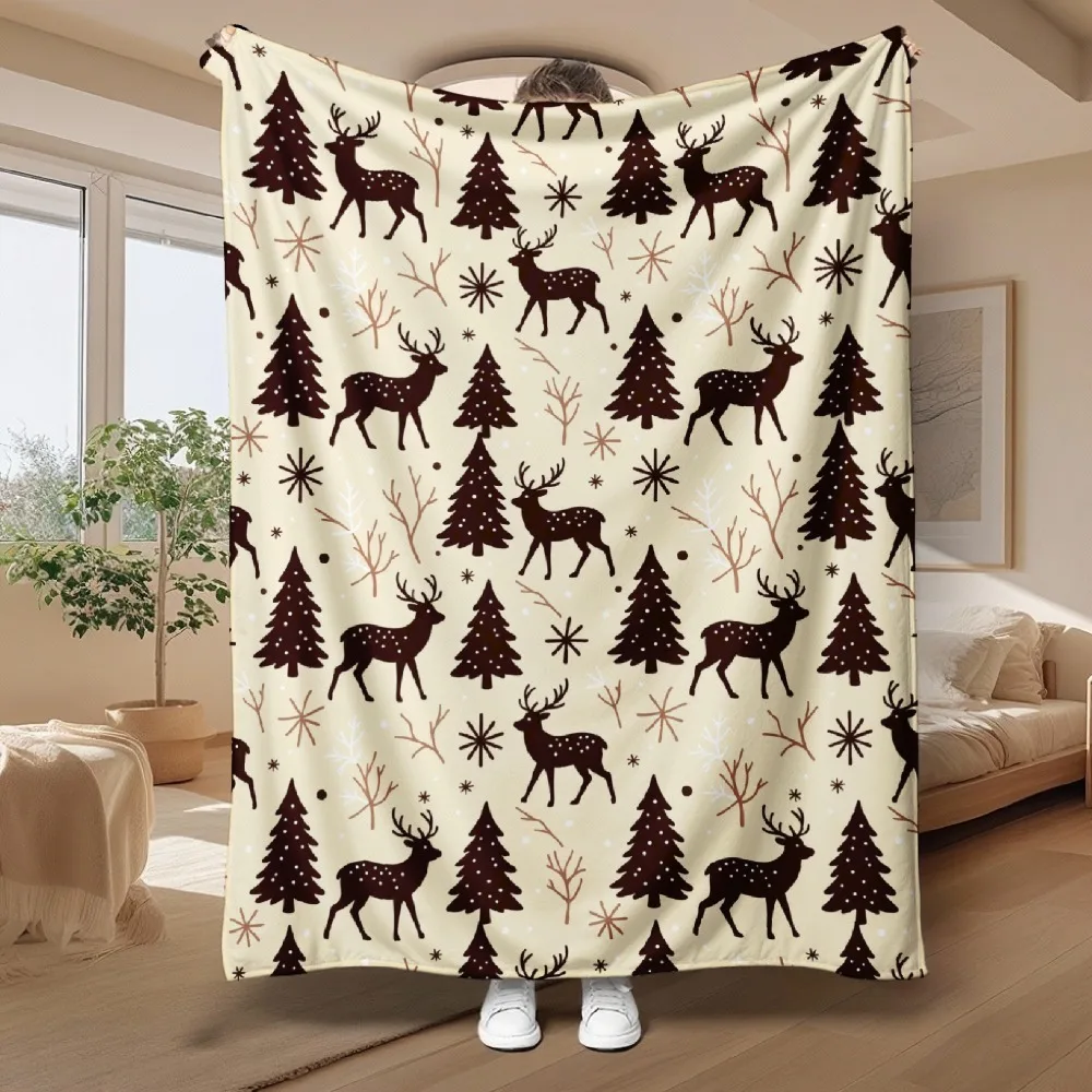 Festive Xmas Throw Blanket, Reindeer Pulling Gifts Winter Tree Star Print, Soft Warm All Season Blanket for Sofa Couch Bedroom