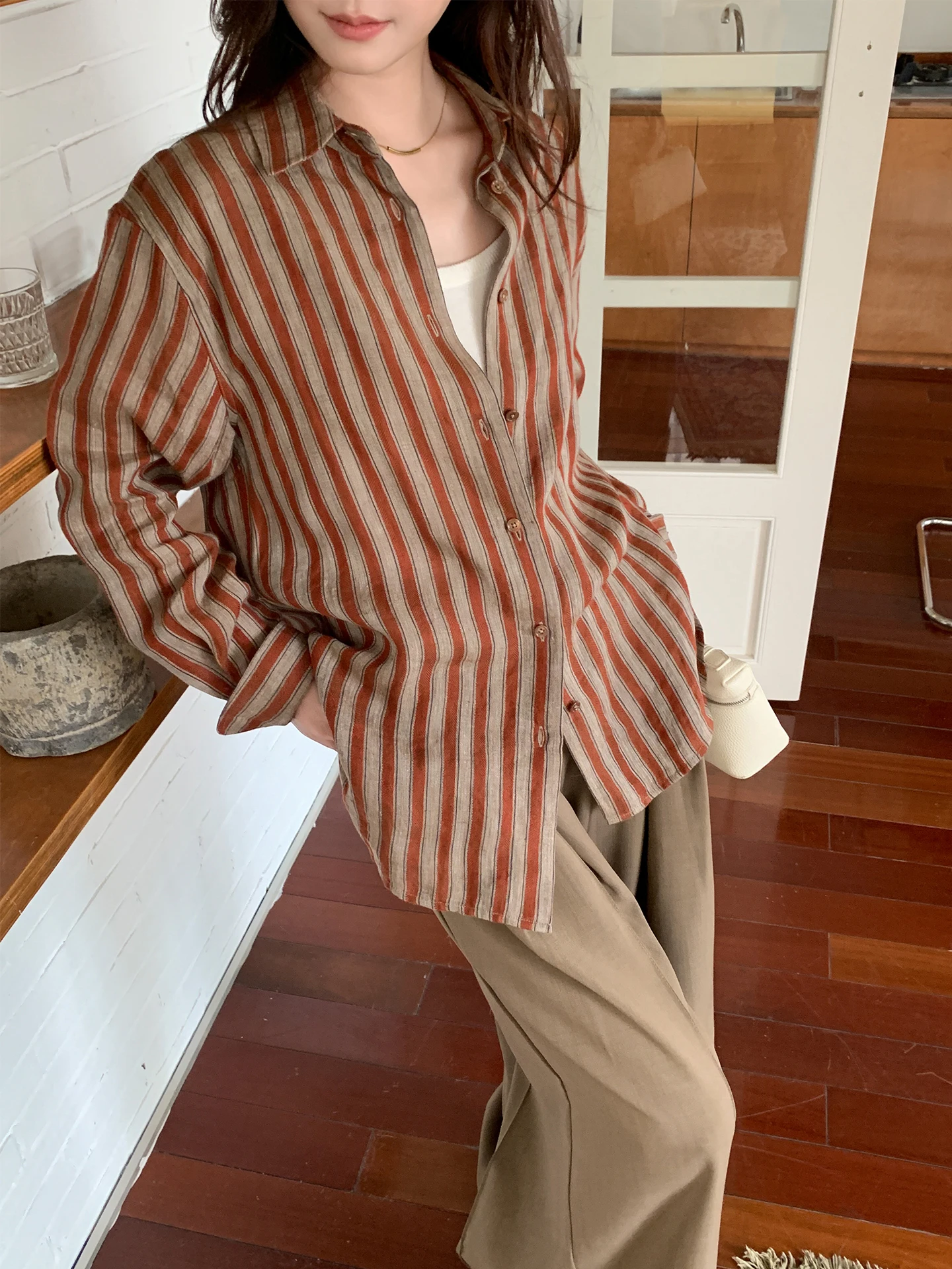 

Loose Fit Linen irt Women's Long Sve Striped Top Autumn 2025 Simple Lazy Sle Breathable Comfortable Skin-Friendly