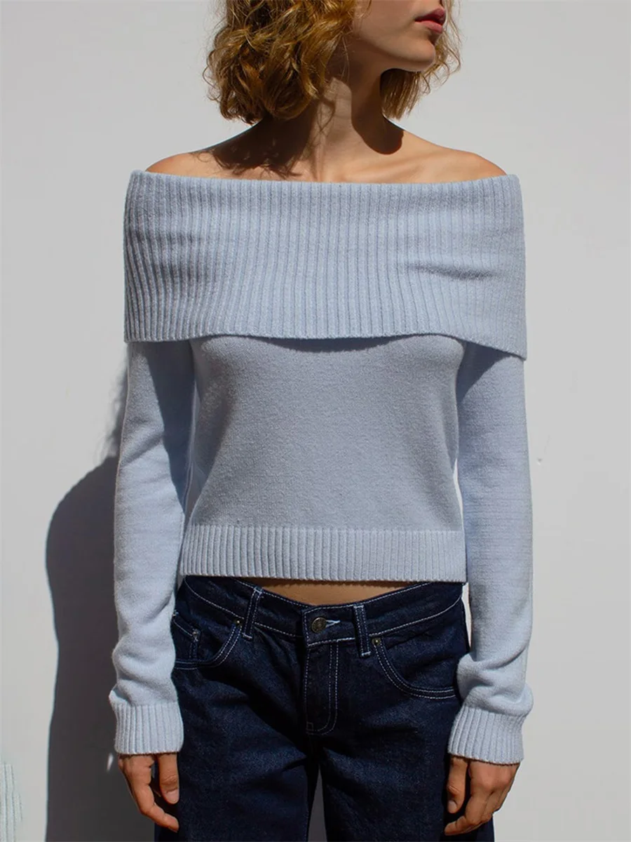 Womens Off Shoulder Sweater Slim Solid Fold Over Long Sleeve Crop Knit Tops Casual Fall Streetwear