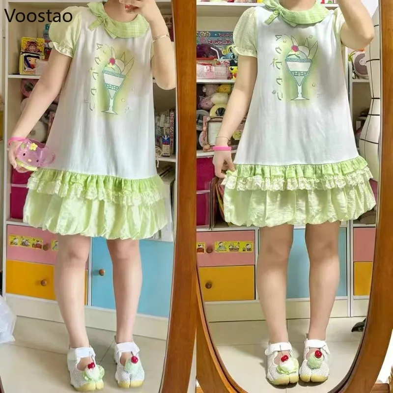 Vintage Süße Lolita Stil Kleid Frauen Japanische Kawaii Spitze Rüschen Party Mini Kleider Koreanische Nette Print Puff Sleeve Fee Kleid
