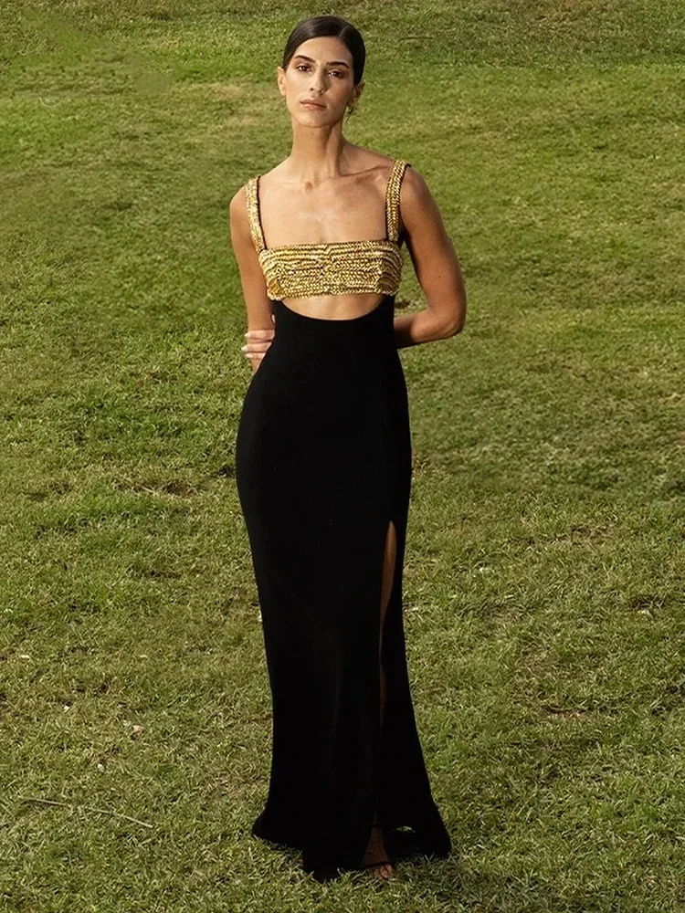 

Sexy Sling Gold Beaded High Slit Bandage Dress Women Balck Sleeveless Backless Hollow Out Bodycon Dresses Evening Party Gowns