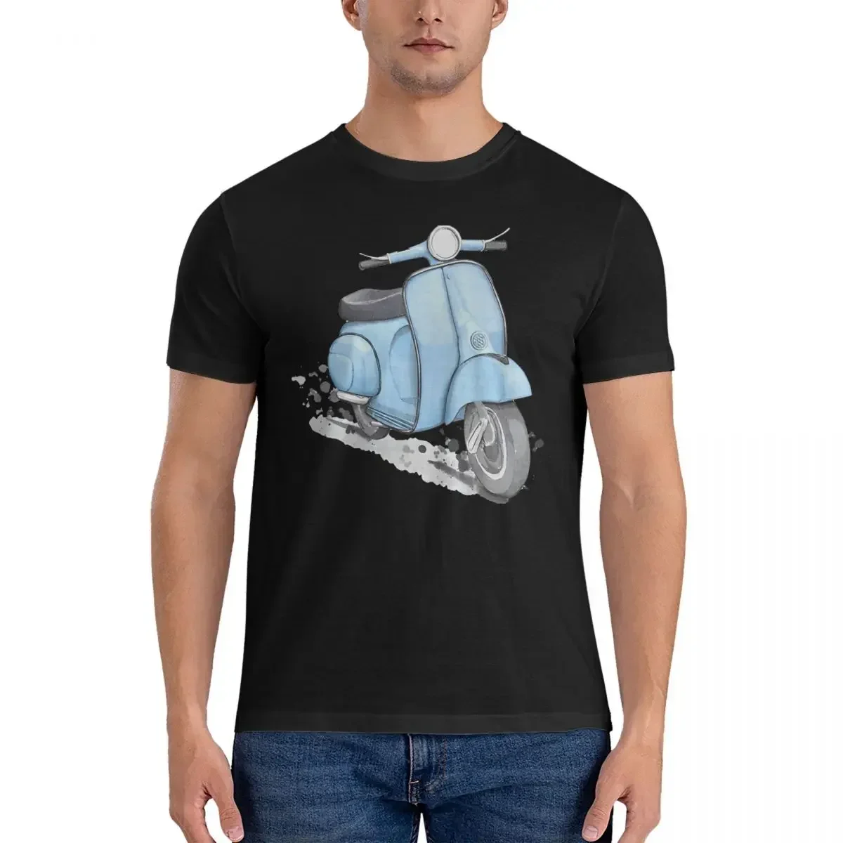 Blue Vintage European Style Scooter T-Shirts for Men V-Vespa Leisure Pure Cotton Tee Shirt Crewneck Short Sleeve T Shirts