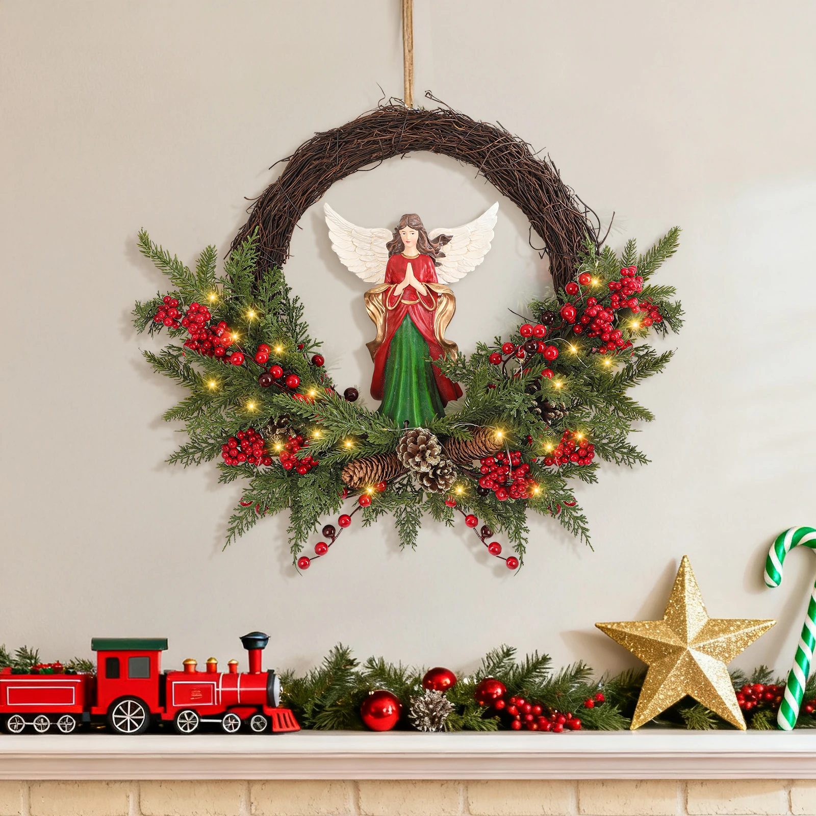 

30 LED Battery Operated Christmas Wreath 24 Inch Pre-Lit Angel Berry Wreath for Door, No Cord Needed, Easy Holiday Decor