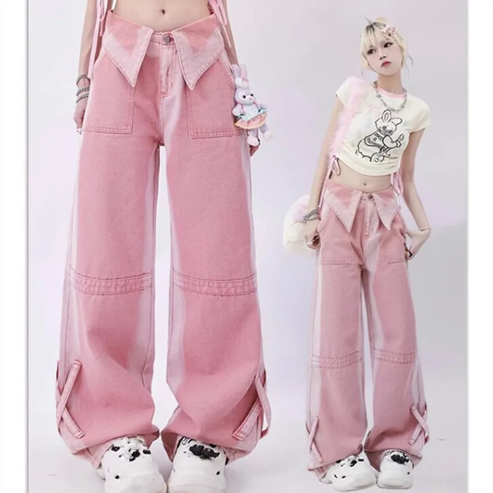 

Y2k Harajuku Wide Leg High Waist Pockest Pink Jeans Pants 2025 Spring Summer Women's Vintage Ripped Street Denim Trouser