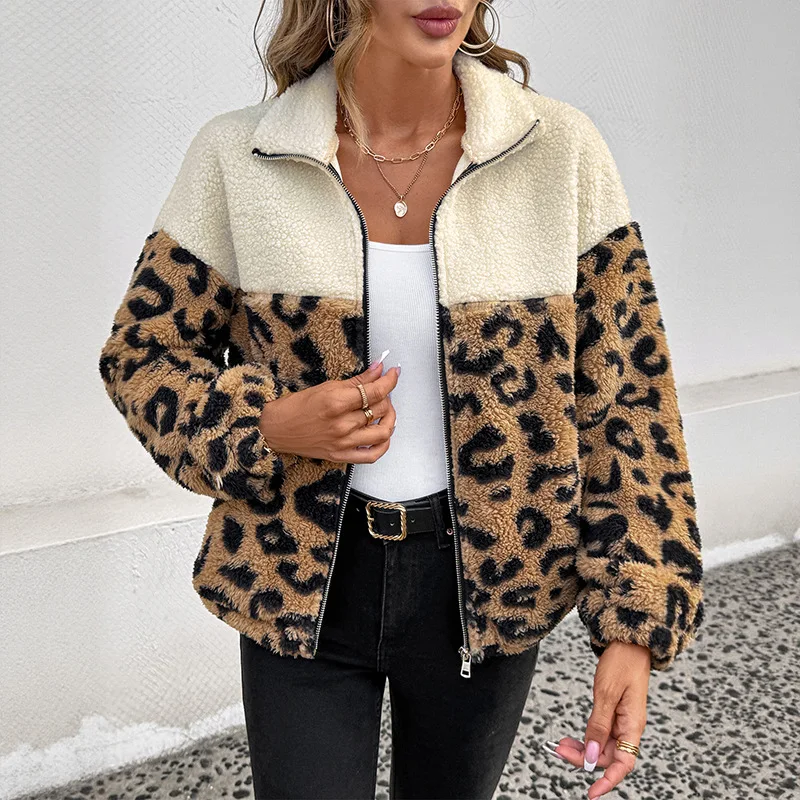 

Fleece Chic Jackets Outwear Short Coats Autumn and Winter Casual Retro Wind Lapel Splicing Leopard Print Wool Warm Jacket Women