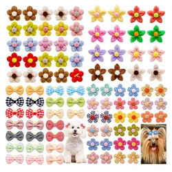 10/20pcs Flower Shape Dog Hair Bows Dog Bow Grooming Plaid Pure Mix Colors Cat Hair Bowknot Rubber Bands For Small Dogs Supplies