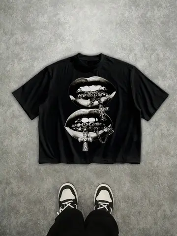 Mens Lip Print Round Neck Short Sleeve Casual Cropped Loose T-Shirt mens t shirts oversized t shirt harajuku my hero academia