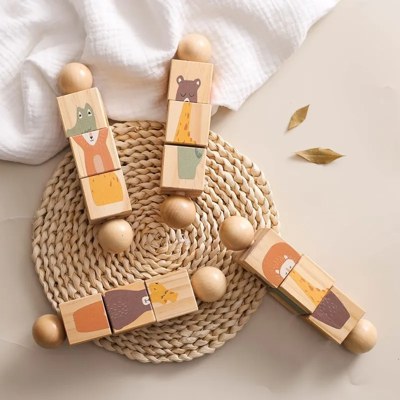 1pc Baby Holz rotierende Rassel Tier passend Neugeborenen beruhigende Spielzeug drehen Blöcke rotierende Puzzle Montessori Spielzeug für Babys