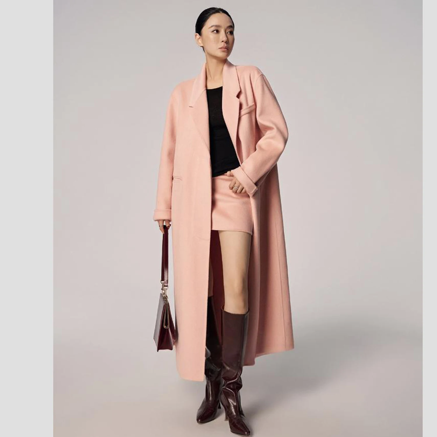 

Allingentle Green Woolen Women Long Blazer Elegant Long Jacket Business Party Office Work Outfits with Belt Customize