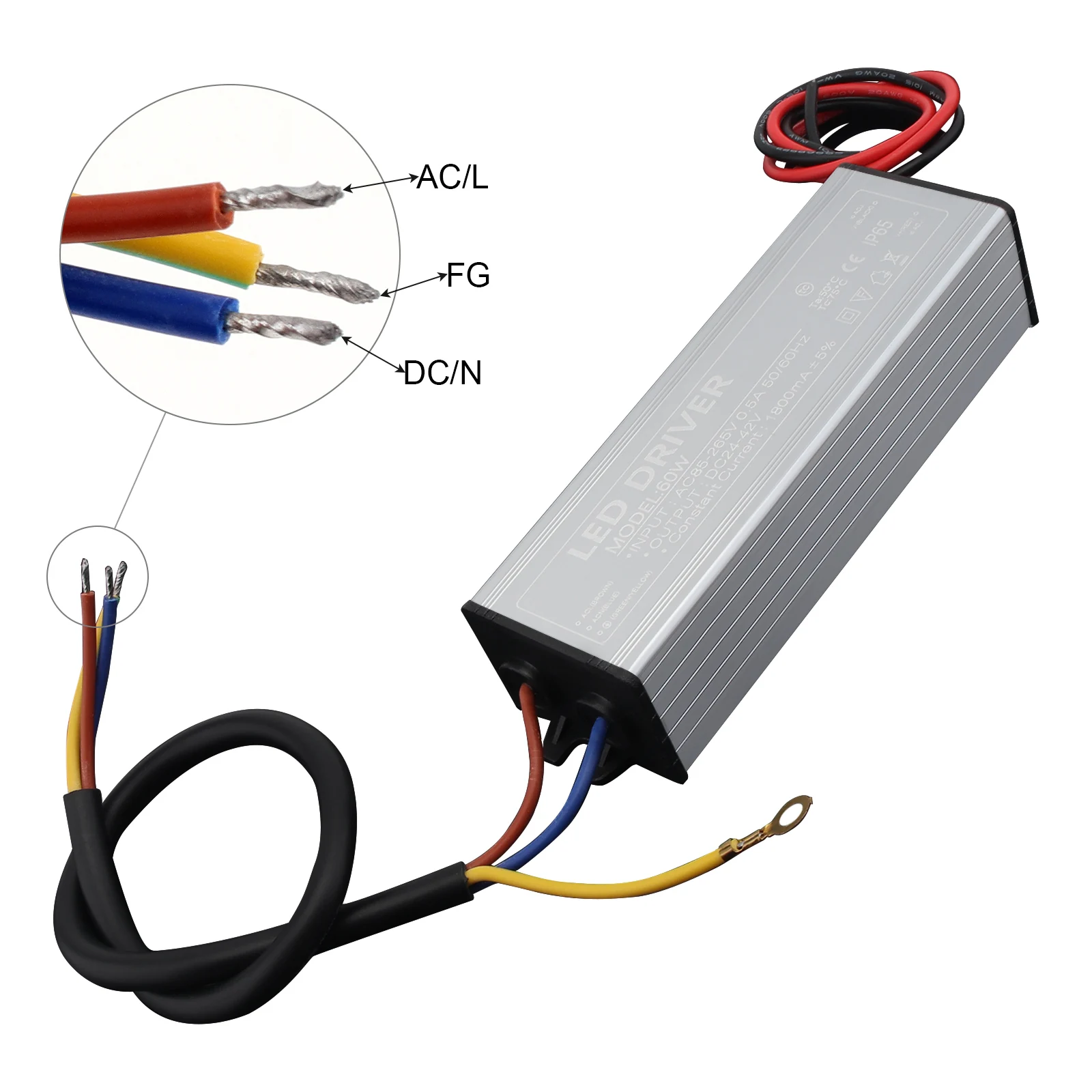 

60W Waterproof LED Driver 85-265V AC TO 24-42V DC LED Power Supply Transformer Adapter for LED Chip, LED Strip,billboard