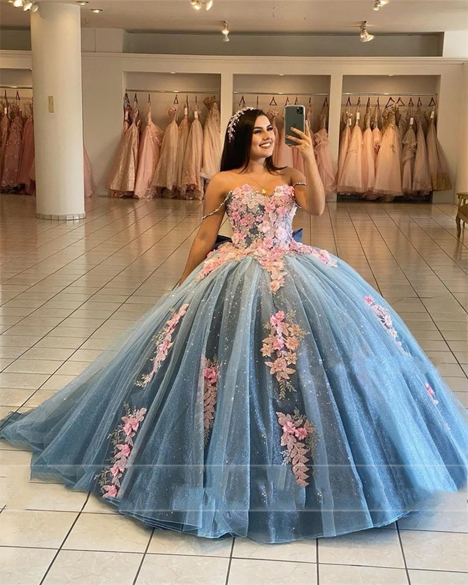 Niebieska księżniczka Off The Shoulder aplikacje Glitter Quinceanera sukienki Vestidos De 15 Años suknia na przyjęcie urodzinowe 2022 dziewczyna Vestidos