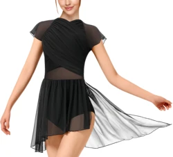 Women Dance Dress Flutter Sleeve Mesh Skirted Leotard Lyrical Costume, Water-Drop Hollow Back