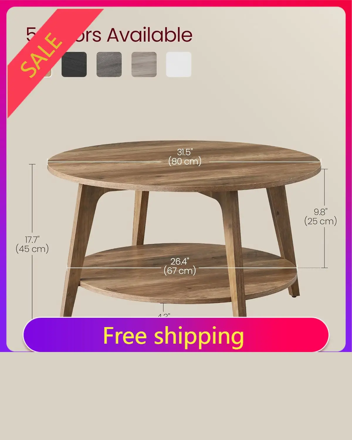 

High QualityMAEZO Collection - Round Coffee Table, 2-Tier Center Table with Storage, Tapered Legs, Curved Transitions, 31.5 Dia.