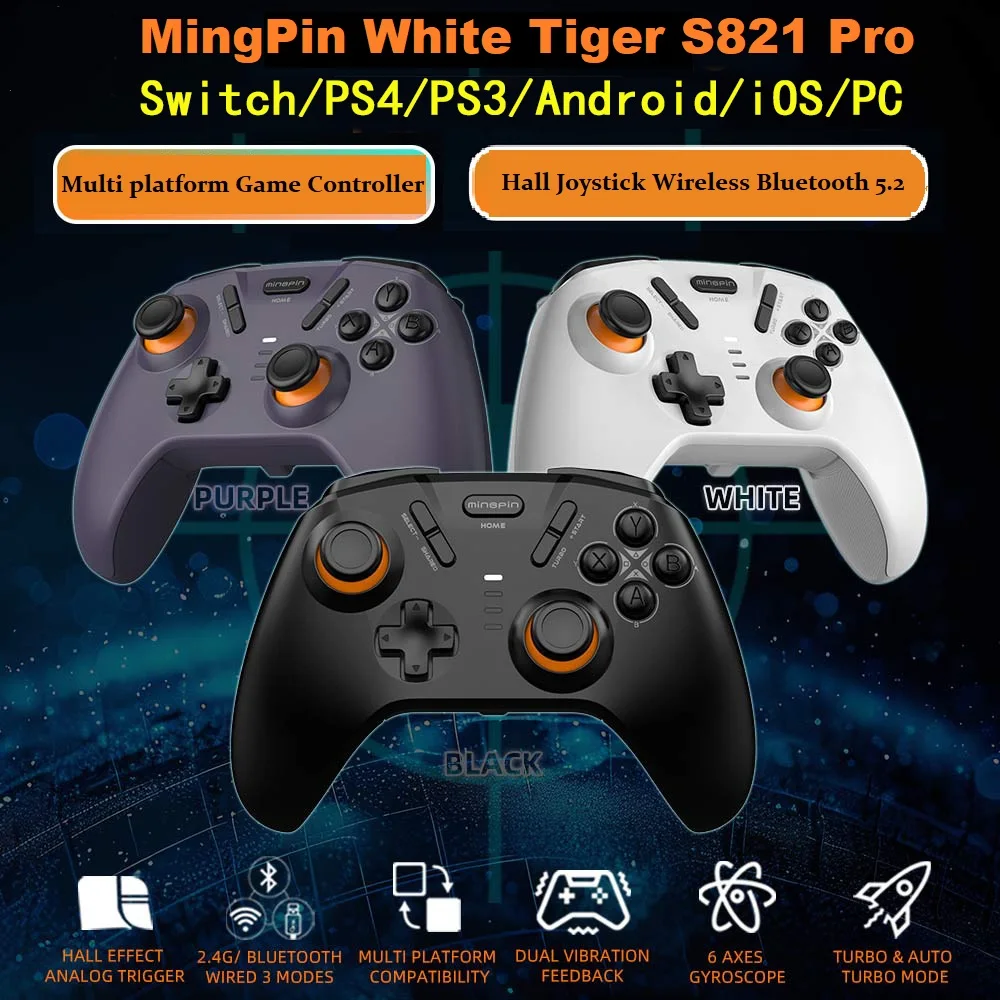 MingPin White Tiger S821 Pro Gaming Controller Hall Joystick Wireless Bluetooth Gamepad For Switch/PS4/Android/IOS/PC STEAM