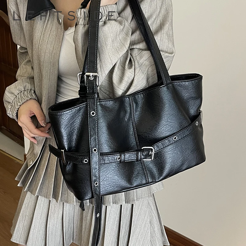 

LEFTSIDE Women Big PU Leather Solid Color Shoulder Bag 2025 Winter Retro Tote Bag Luxury Designer Trend Female Handbags