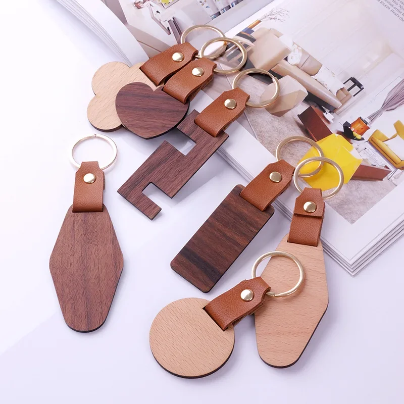 Heart Black Walnut Wooden Custom Own LOGO Keychain Round Solid Beech Wood DIY Making Key Chain Square Customize Engraved Keyring