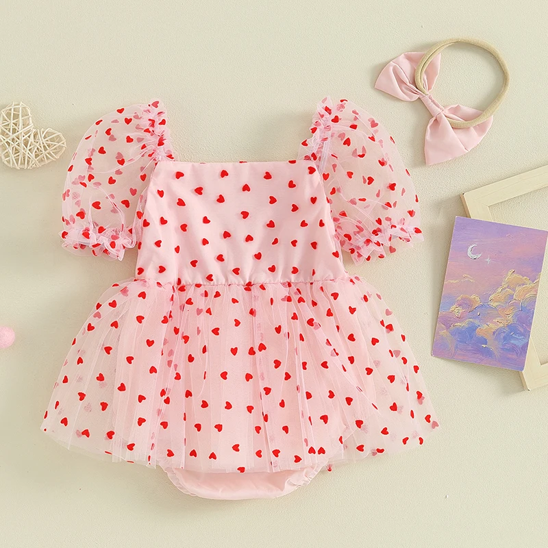 Baby Girl Heart Romper Dress Short Puff Sleeve Dress Square Neck Tulle  Baby Valentine Day Dress