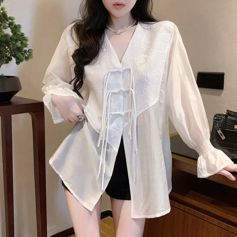 Vintage V-neck Single-breasted White Shirt Women Silk Blouse Flared Long Sleeve See-through Chic Summer Tops Mujer Clothing