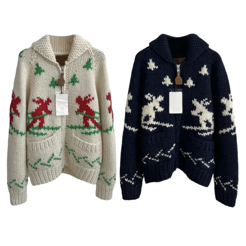 Women Long Sleeve Lapel Knitwear Christmas Skiing Pattern Sweater Cardigan