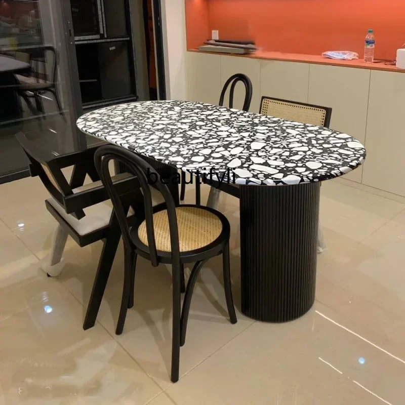 

TTT French light luxury oval small apartment household black and white terrazzo table marble dining table surface
