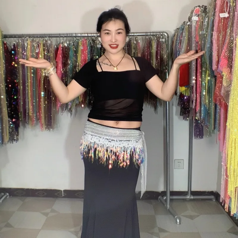 Customized New Belly Dance Belt Hip Scarf Xinglan Illusion Color Pure Handmade Butt Curtain Indian Dance Waist Chain Beginner
