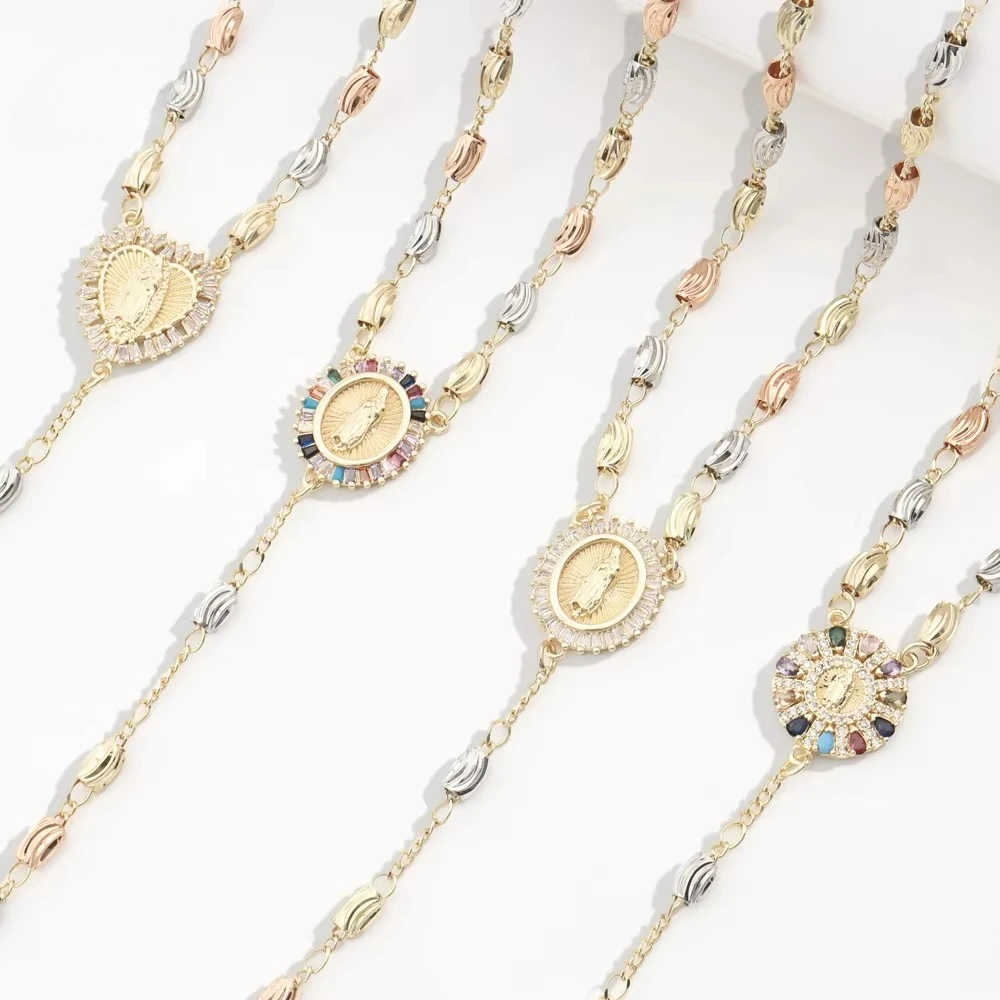 

Three-Color Diamond-Shaped Water Drop Bead Virgin Mary Religious Zircon Prayer Pendant Necklace New Fashion Style