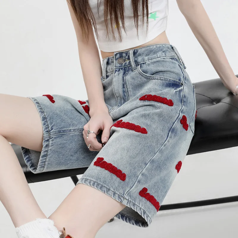 Retro Letter Embroidered Denim Shorts Women's Summer High Waist Loose Straight Half Pants Jeans Fashion Streetwear Female