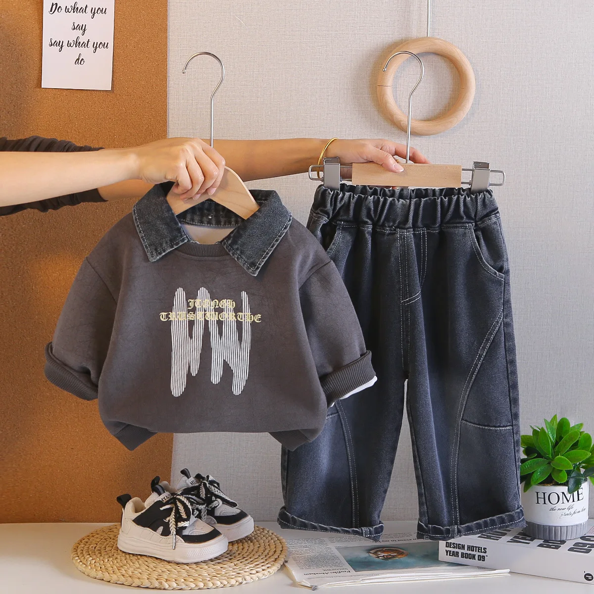 Kids Clothes Toddler Boys Spring Autumn Alphabet Denim Neck Long Sleeve POLO Shirt Sweater and Jeans 2 Piece Set Children's Suit
