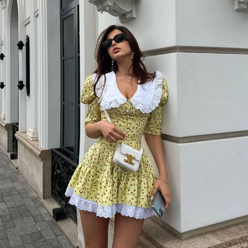 

Summer New Doll Collar Short Sleeve Floral Dress Elegant Fashion Waist Cinching Puff Dress