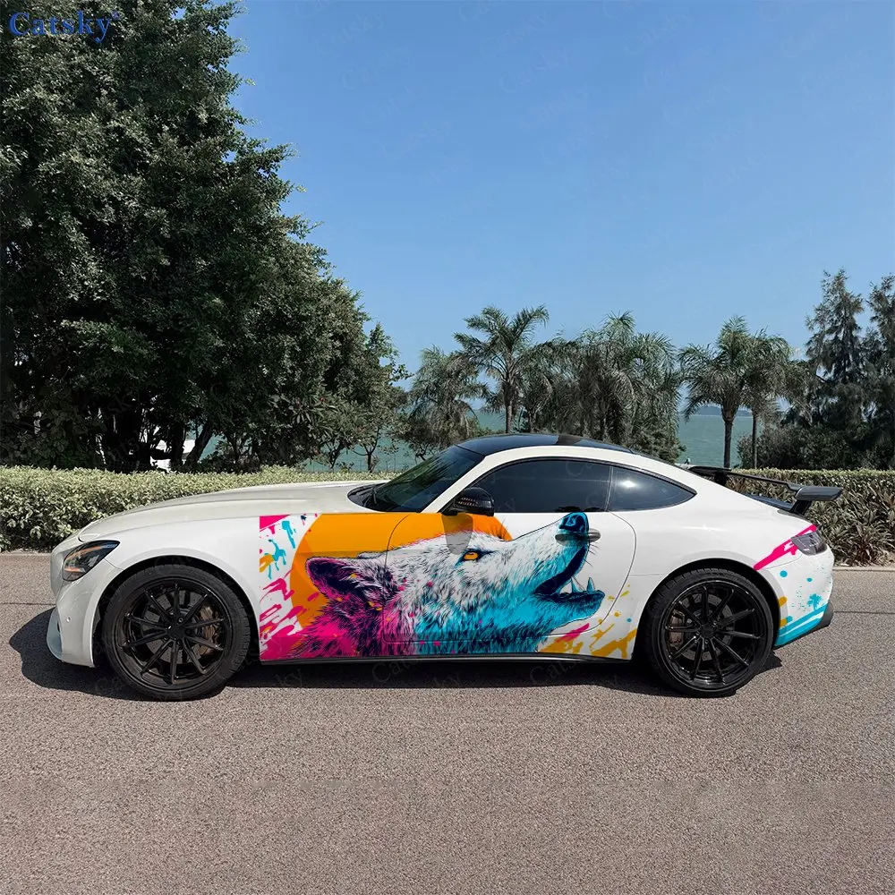 2pcs Neon Vibrant Angry Wolf Car Side Wraps, Self-Adhesive PVC Waterproof & Scratch-Resistant Stickers, Car Accessory Gift