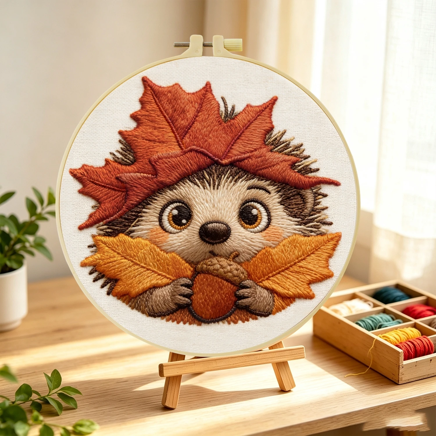 1 Set Herbstblatt-Igel DIY-Stickerei-Set für Anfänger, Stick-Starter-Kit, Kreuzstich-Kunstgeschenk, Nadelarbeiten – Detail 4