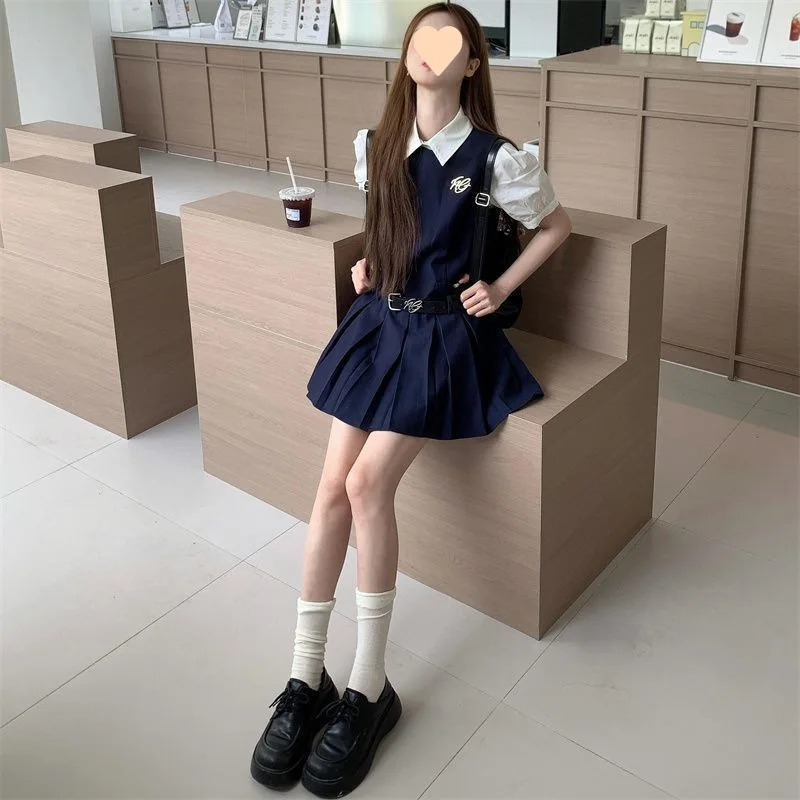 2025 جديد الصيف اليابانية الكورية Preppy الخصر مقصوص قصيرة الأكمام قميص المرأة لطيف Kawaii أكمام مطوي التنانير 2 قطعة مجموعة #4