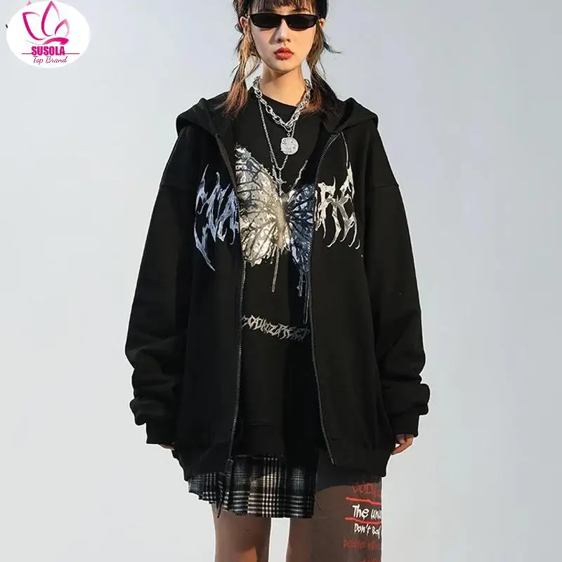 

Women Hip Hop Streetwear Hoodies Women Jacket butterfly Print Coat Goth Harajuku aesthetic Clothes grunge Punk Jacket Zip-up