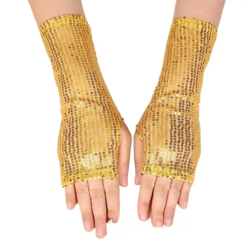 1 Paar modische, glänzende Handschuhe im Gothic-Stil mit Pailletten, Punk-Design, schwarz, gold, rot, für Tanzveranstaltungen, für Damen und Herren. – Detail 1