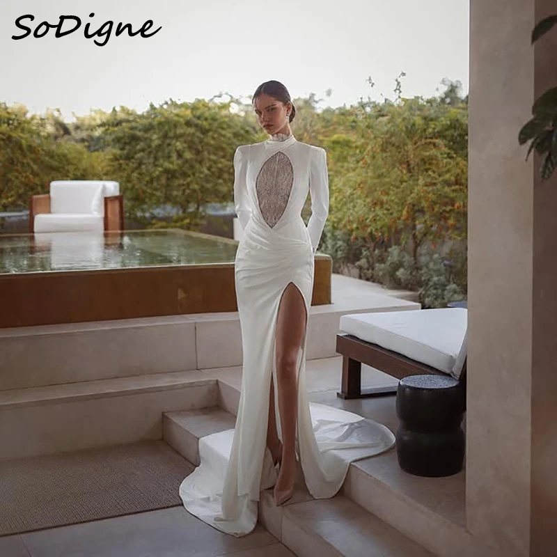 

SoDigne Mermaid Wedding Dresses High Neck Full Sleeves Satin/Lace Bridal Dress Long Wedding Gown Robe De Mairee ﻿Customized