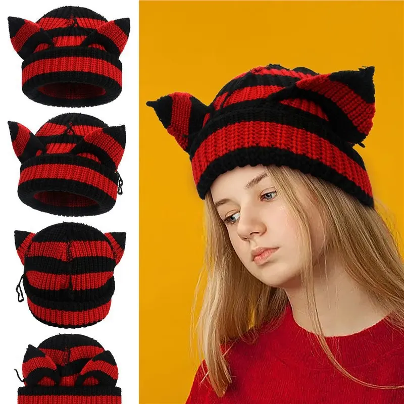 

New Hat Stocking Watch Cap Hugger Toque Head Adult Bestseller Thickened all-acrylic Knitted Hat Devil Ears Outdoor Women B8M29