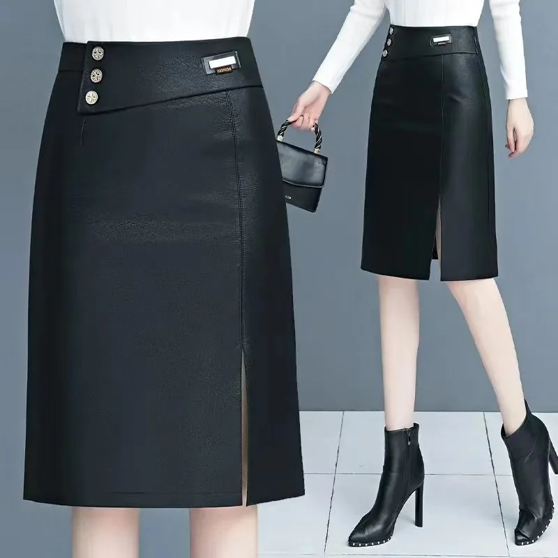 Jesień Zima Skórzane Spódnice Kobiety 20223 Moda Czarny PU Faux Leather Wysoka talia Średniej długości Spódnica biodrowa Rozmiar S-5XL