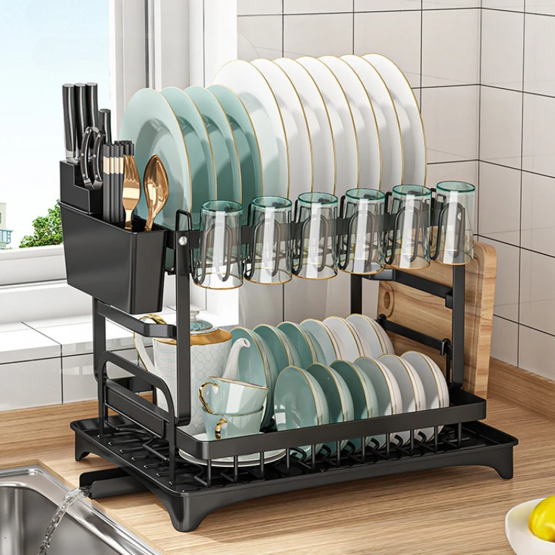 2-Tier Dish Drying Rack Cutlery Organizer with Drain Tray and Drip Line Cup Holder Kitchen Table Storage for Accessories