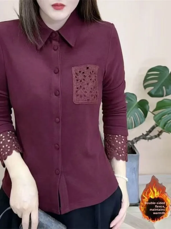 Autumn Winter Long Sve  Collar Thermal Slim Fit Base irt Hollow out ket Splicing Sve European Sle Vintage Fa...