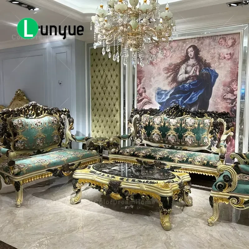 European Luxury Solid Wood Carved Sofa Set Retro Classic Wooden Living Room Furniture Elegant Design Durable Comfortable Home