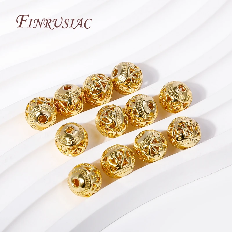 18K Gold Plated Hollow Pattern 8mm Round Metal Ball Spacer Beads For Bracelet Jewelry Making Supplies DIY Findings Accessories