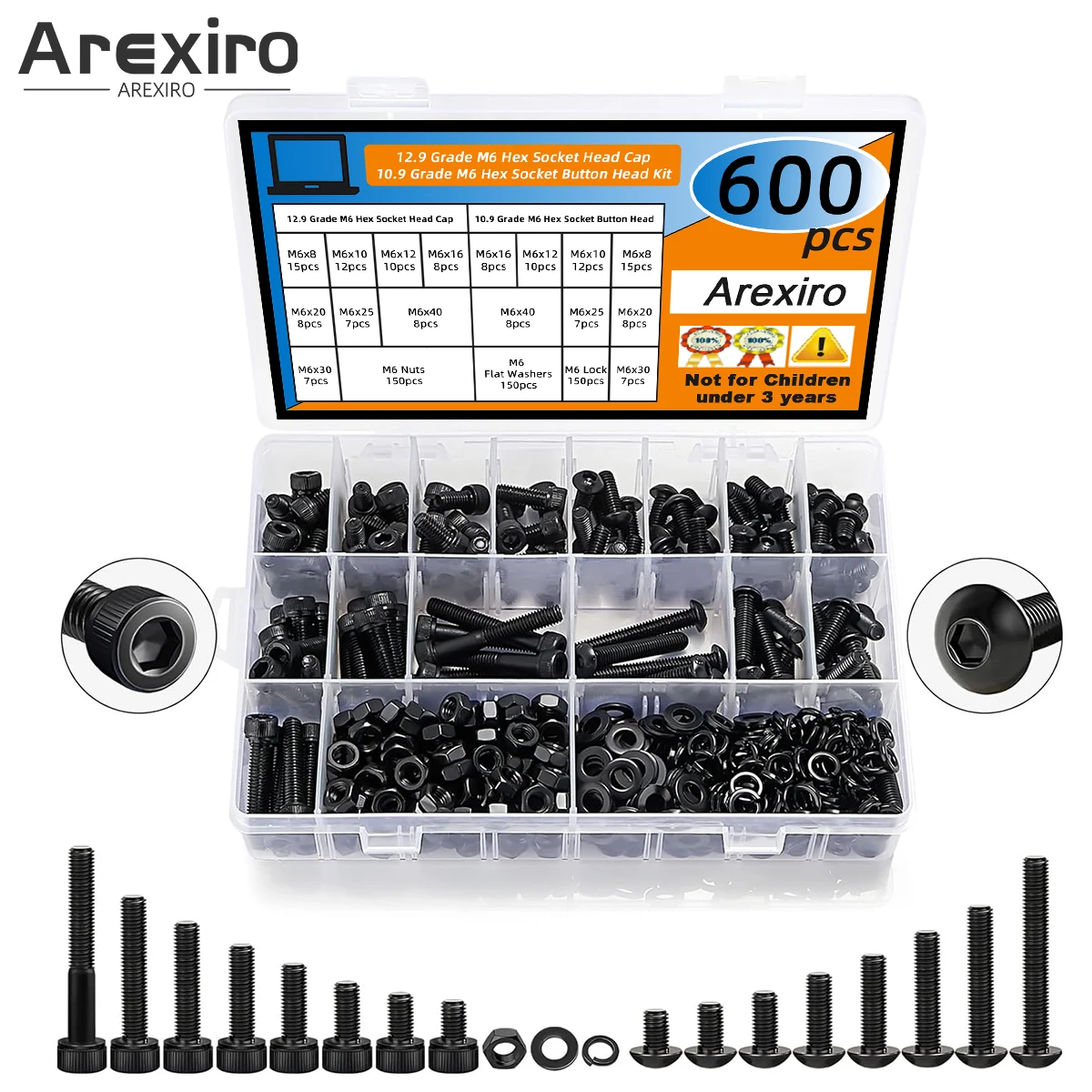

600Pcs M6 Screw Nut Washer Assortment M6x8MM-40MM Hex Socket Button & Cap M6 Machine Bolt Kit Grade 12.9 10.9 Alloy Steel Black