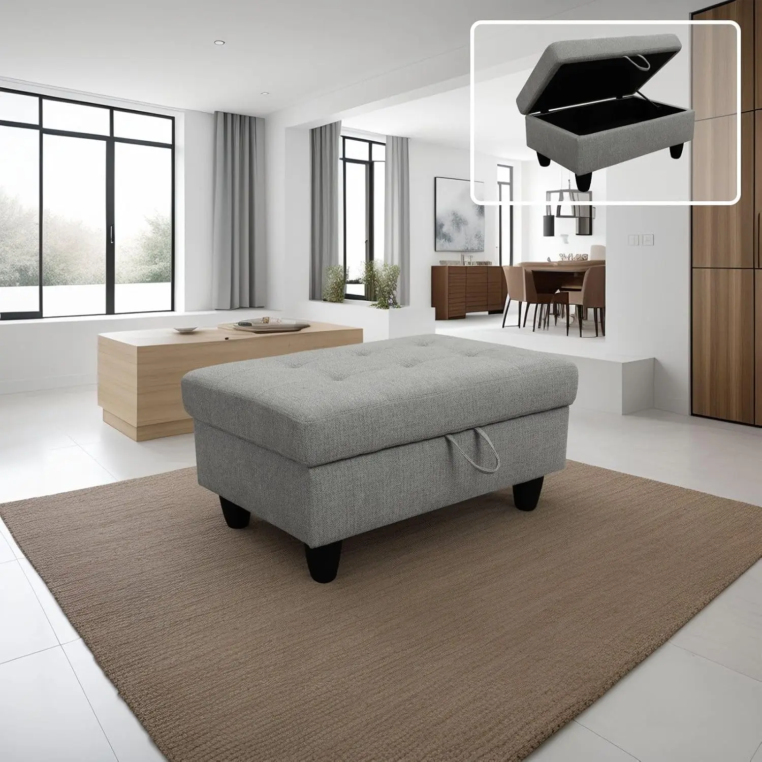 Living Room Storage Ottoman with Light Grey Flannel Upholstery